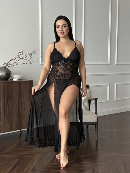 Розкішна чорна мереживна довга сорочка PLUS SIZE | Зображення 6