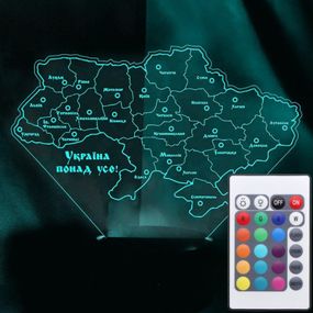 Акриловий світильник-нічник з пультом 16 кольорів Мапа Україна понад Усе tty-n002030