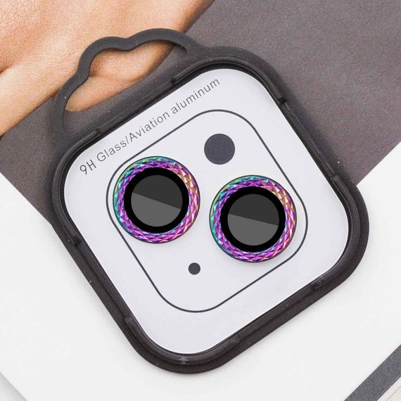 Захисне скло Metal Shine на камеру (у упак.) для Apple iPhone 14 (6.1") / 14 Plus (6.7") Золотий / Gold Бузковий / Rainbow | Зображення 1