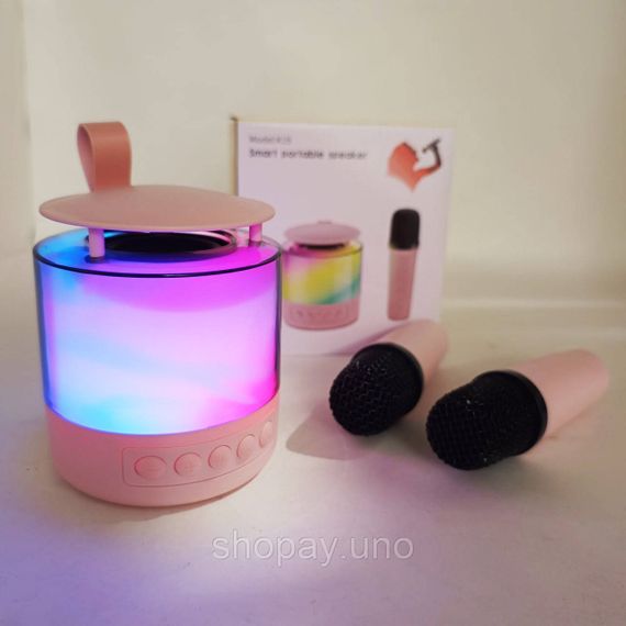 Портативная Bluetooth колонка K19 с подсветкой LED и двумя микрофонами для караоке Pink LI-49 | Зображення 1