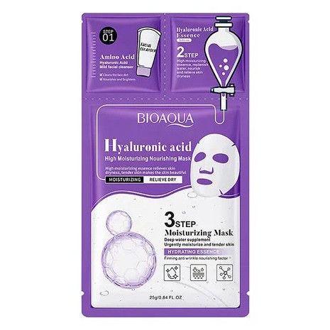 Трьохетапна маска для обличчя з гіалуроновою кислотою Bioaqua Hyaluronic Acid, 25г+0,8г+0,8г