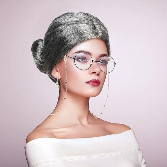 Перука бабусі сива з гулькою, комплект для образу старої леді з окулярами, намистом, сережками для виступів, косплею, Хелловіну | Зображення 2