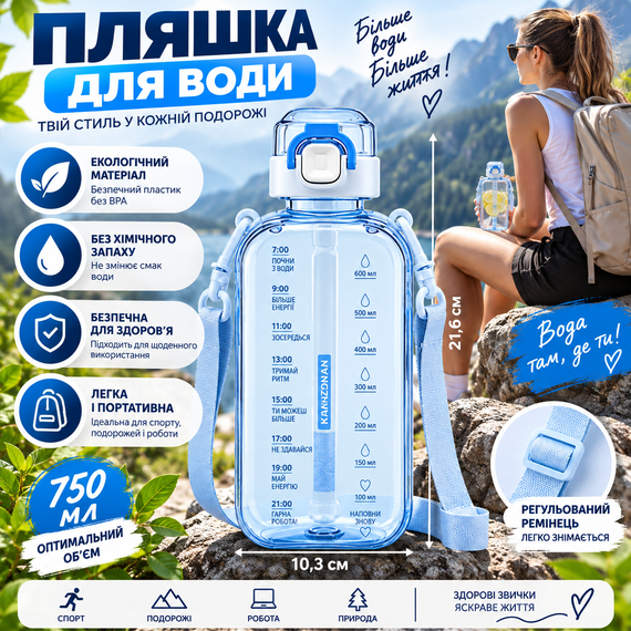 Спортивная бутылка для воды SPORT 750 мл с ремешком - многоразовая BPA-free пластиковая бутылка с герметичной крышкой, голубая | Зображення 1