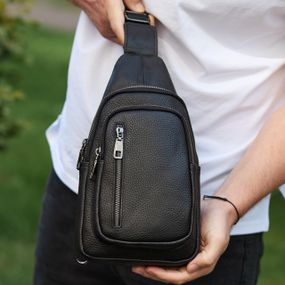 Сумка-слінг чоловіча чорна через плече з натуральної шкіри TIDING BAG 32545