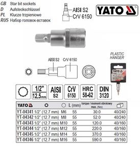 Головка торцевая вставка SPLINE 1/2" M10х55 мм Польша YATO YT- 04343