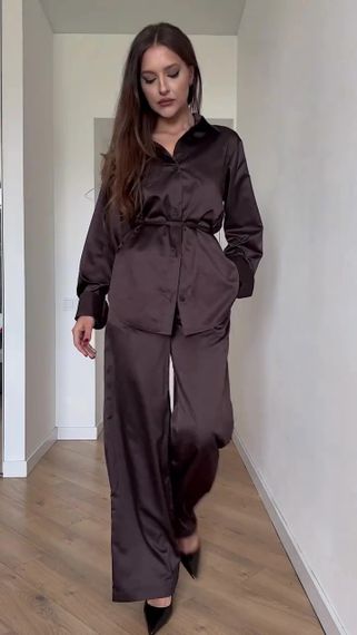 Костюм из сатина Santorini🔥 рубашка + брюки цвет шоколад S-M | Зображення 1