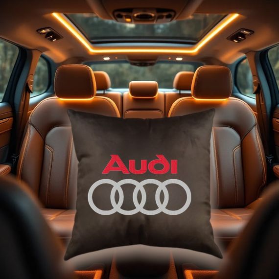 Авто Подушка c вышивкой логотипа марки Audi ауди коричневый автомобилисту 00454