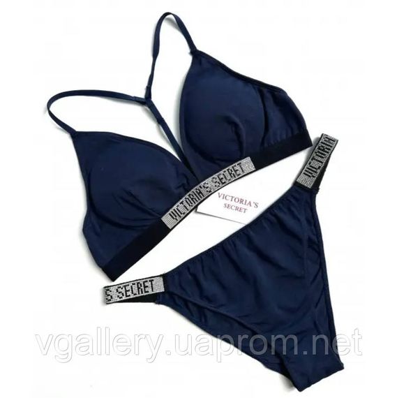 Комплект жіночої нижньої білизни Victoria's Secret зі стразами та змінними чашками Вікторія Сікрет Темно-синій, L