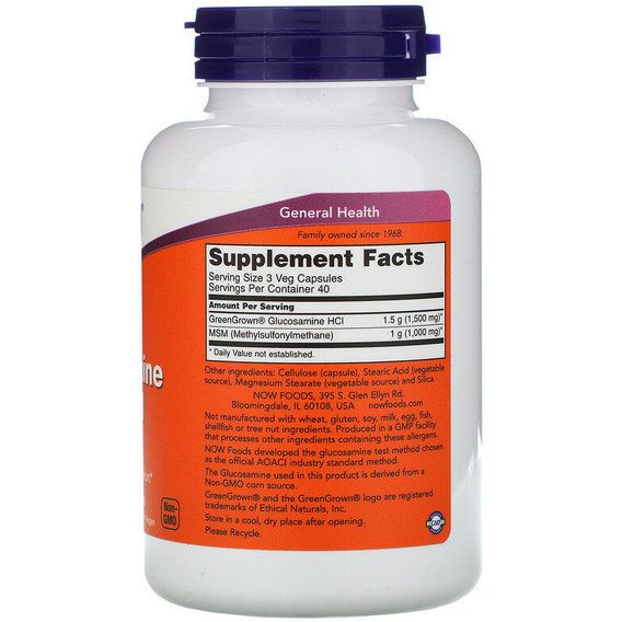 Препарат для суглобів та зв'зок NOW Foods Vegetarian Glucosamine & MSM 120 Veg Caps NF3130 | Зображення 1