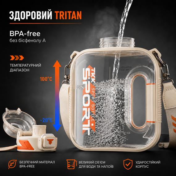 Спортивная бутылка TKK SPORT (1600 мл) - Ударопрочный Tritan, Белая прозрачная с ремешком | Зображення 5