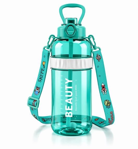 Спортивная бутылка для воды Beauty 1500 мл (1.5 л) с ручкой, трубочкой и ремнем. Голубая | Зображення 1