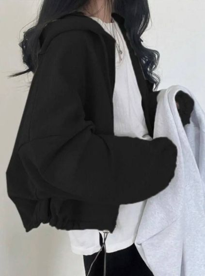 Жіноче укорочене худі оверсайз на блискавці з капюшоном колір чорний розмір 42/48 HI2731 | Зображення 2