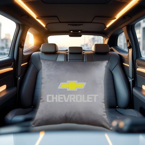 Авто Подушка c вишивкою логотипу марки шевроле Chevrolet сірий автомобілісту 02222