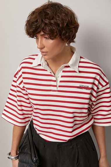 Футболка-поло у смужку - червоний цвет, S (є розміри)