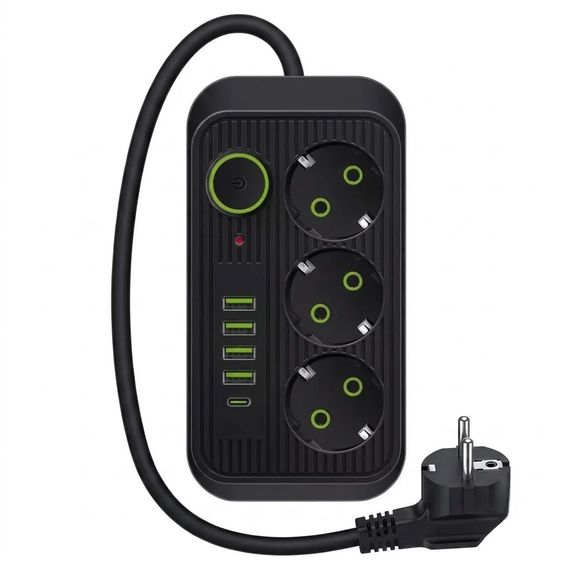 Сетевой фильтр Power Socket F09U 2500 Вт 2 м черный • Удлинитель Power Socket F09U на 3 розетки с 4 USB, PD Type-C и выключателем | Зображення 4