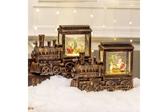 Ночник "Рождественский поезд" (13×8.5 см) Новогодний паровоз со снеговиком (светильник) / Декоративный снежный светильник HC-D013 | Зображення 2