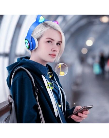 Навушники бездротові Cat Ear VZV-24M Bluetooth з різнобарвною LED-підсвіткою і котячими вушками Сині | Зображення 3