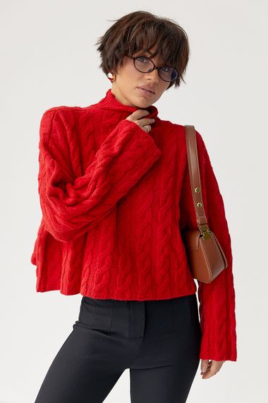 Вільний в'язаний светр з косичками - червоний цвет, ONE SIZE (є розміри)