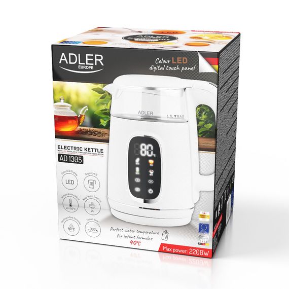Електрочайник cкляний Adler AD 1305 білий/сріблястий 1,7 л, 2200 Вт, з регулюванням температури | Зображення 9