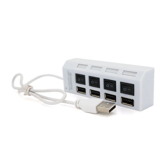 Хаб USB 2.0 4 порту з перемикачами на кожен порт, White, 480Mbts High Speed, підтримка до 0,5ТВ, заряд 500mA, живлення від USB, Blister Q100