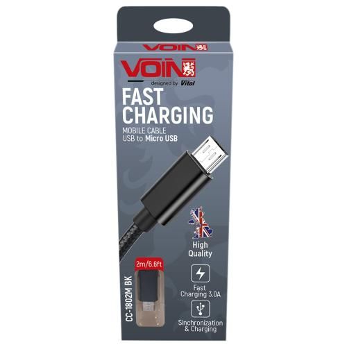 Кабель VOIN USB - Micro USB 3А, 2m, black (швидка зарядка/передача даних) | Зображення 1