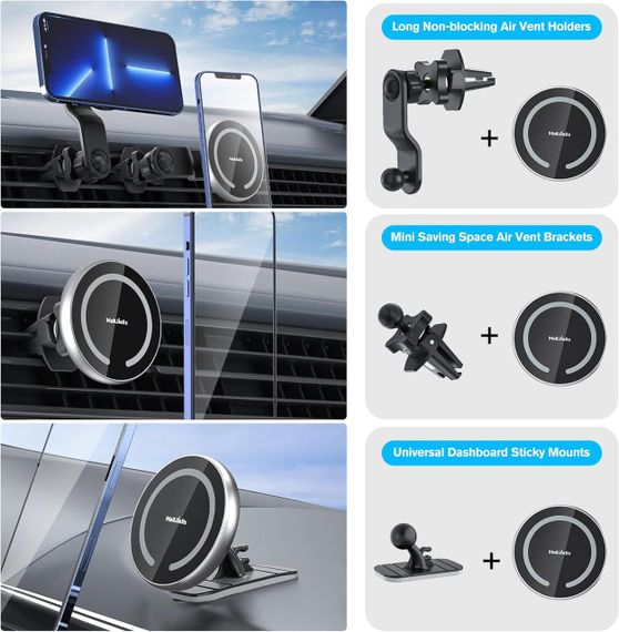 Автотримач для телефону з Magsafe магнітний поворотний 360°, на дефлектор та панель, сріблястий тримач в авто MAGJIEYX | Зображення 3