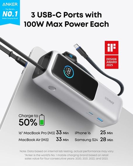 Портативний зарядний пристрій Anker 25000 mAh 165W PD Built-In Double USB-C Cables Silver | Зображення 1