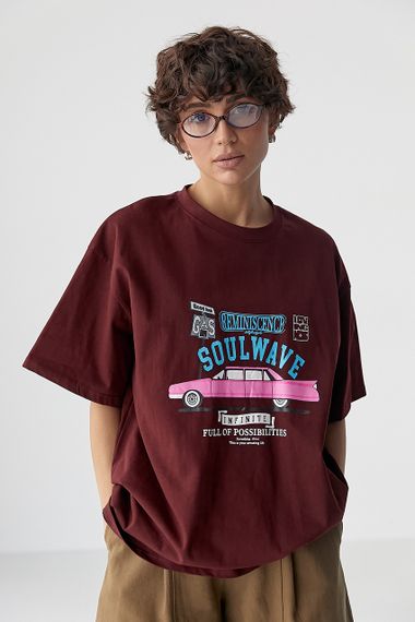 Футболка вільного фасону  із принтом авто - бордо цвет, ONE SIZE (є розміри) | Зображення 4