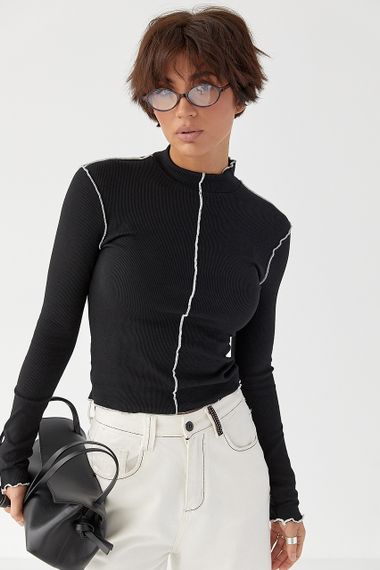 Лонгслів у рубчик з контрастними швами назовні - чорний цвет, L (є розміри) | Зображення 4