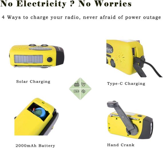 Радіо на сонячній батареї з ручним підзаряджанням та LED-ліхтариком, FM AM для кемпінгу, дому, аварійних ситуацій | Зображення 6