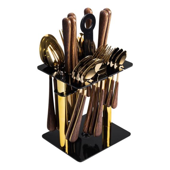 Набор столовых приборов на 6 персон с деревянными ручками на подставке столовые приборы 24 шт Золото HP-20-2 | Зображення 1