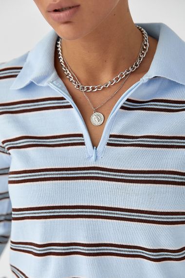 Жіночий светр-поло в смужку - блакитний цвет, ONE SIZE (є розміри) | Зображення 3