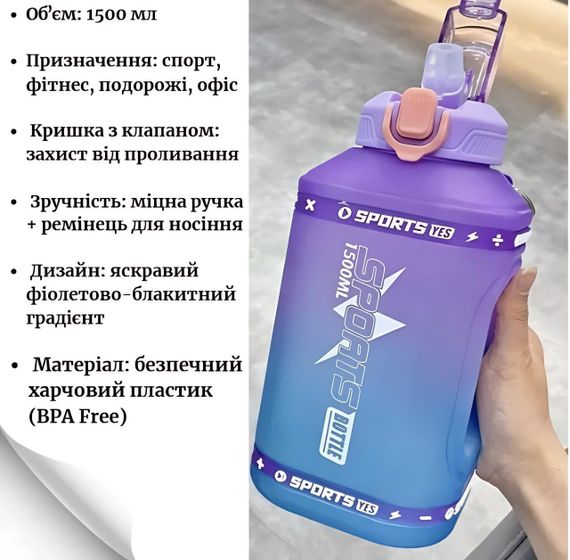 Еко-пляшка для води SPORTS BOTTLE (1500 мл) — Фіолетово-блакитний градієнт із вбудованою ручкою | Зображення 7