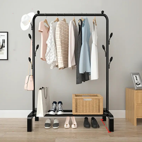 Напольная стойка вешалка для одежды с полкой для обуви и крючками