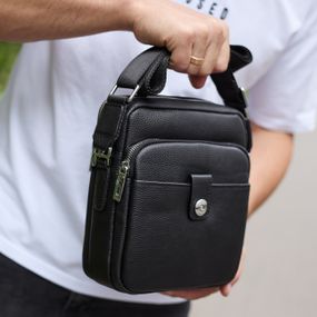 Чоловіча шкіряна універсальна сумка 24х20х8, барсетка зі шкіри, сумочка для чоловіків з регулюванням ручки, чорна