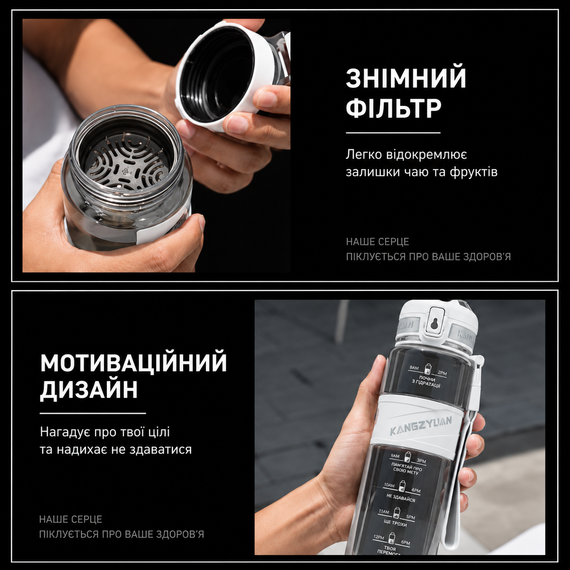 Спортивная бутылка KANGZYUAN 1000 мл (1 л) - Белая Tritan BPA-free, ударопрочная эко-бутылка с фильтром и ремешком | Зображення 2