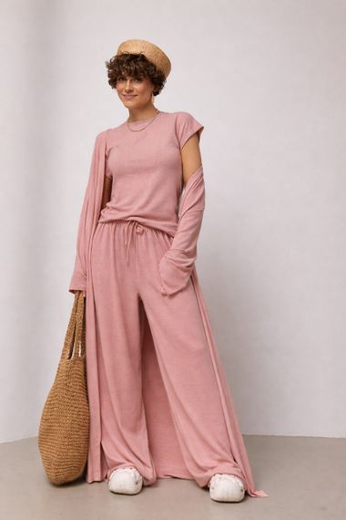 Легкий костюм із довгого кардигана, футболки та широких штанів - пудра цвет, ONE SIZE (є розміри)