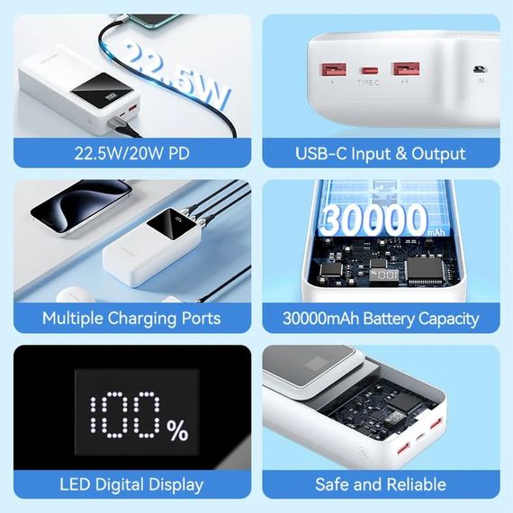 УМБ Vention 30000mAh 22.5W 3A, PD,QC3.0, Micro-USB,USB-C,2xUSB-A,LED Display White | Зображення 3