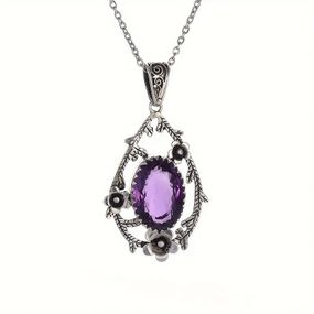 Серебристый кулон на цепочке в виде цветов с фиолетовым камнем 5 см 58 см