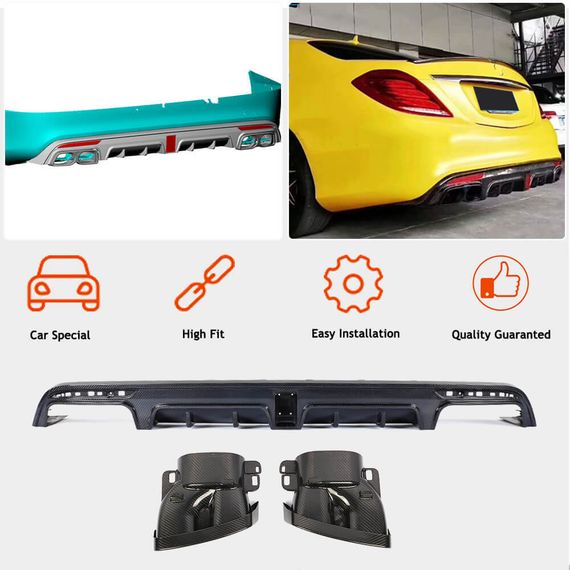 Дифузор заднього бампера з насадками (для S63 AMG 2014-2017, Карбон) для Mercedes S-сlass W222 рр | Зображення 1