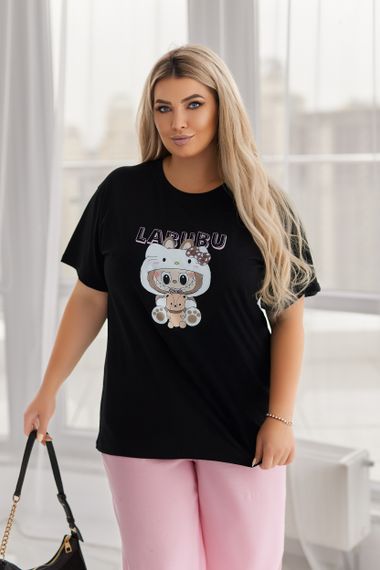 Женская классическая футболка Labubu прямая свободная цвет черный, размер 50/52, GF05259