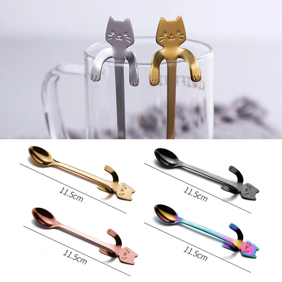 Чайная ложка SV с держателем на бортик чашки с рисунком кота 11.5cm , Золотистый | Зображення 2