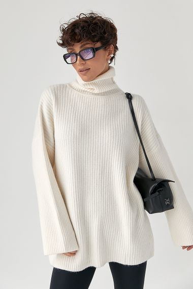 Тепла в'язана туніка в рубчик - молочний цвет, ONE SIZE (є розміри)