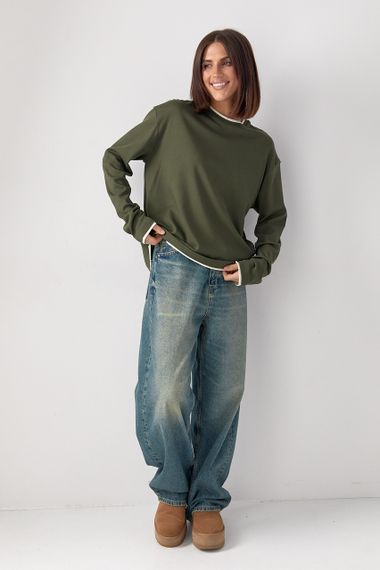 Жіночий лонгслів oversize з контрастною окантовкою по краях - хакі цвет, M (є розміри) | Зображення 2