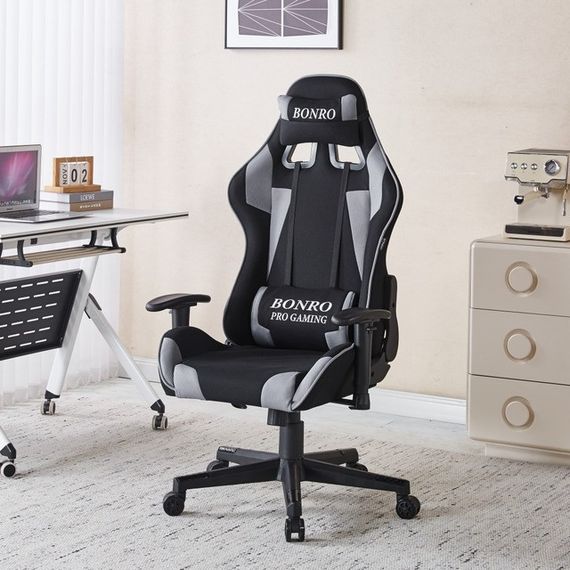 Крісло геймерське з тканини Bonro Бонро B-142 чорно-сіре + 2 подушки (42401117) | Зображення 1
