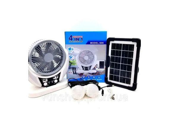 Вентилятор портативний 4в1 (6", сонячна панель, 2 LED лампи, 2 швидкості, 6Вт, USB, 3.2V/4000 мАг)