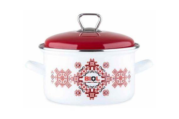 Каструля емальована Biol — 200 мм x 3,1 л вишиванка червона