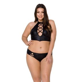 Комплект з екошкіри Passion Nancy Bikini 6XL/7XL black, бра та трусики з імітацією шнурівки
