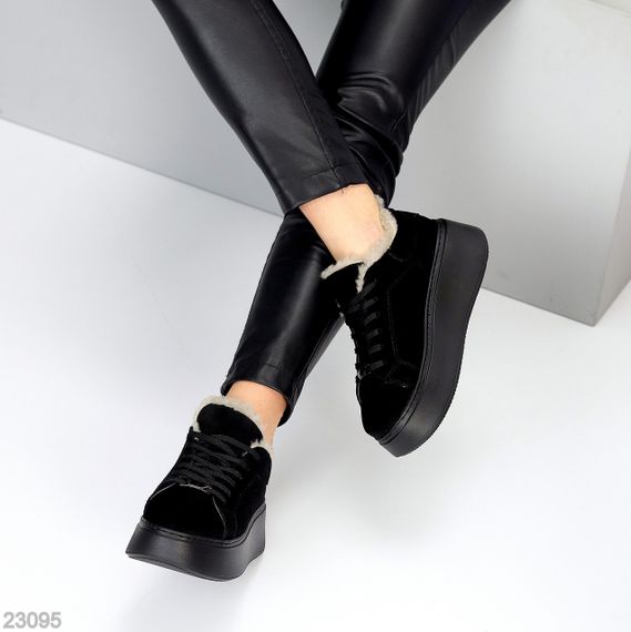 Чорні зимові прошиті кросівки натуральна замша на платформі спорт-шик | Зображення 7