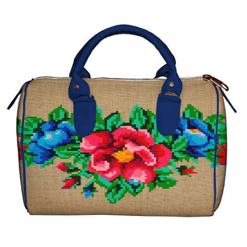 Сумка бочка Barrel Цветочная Украина вышивка с синими ручками 28x18x17 см (SB_15UKR045_SI)